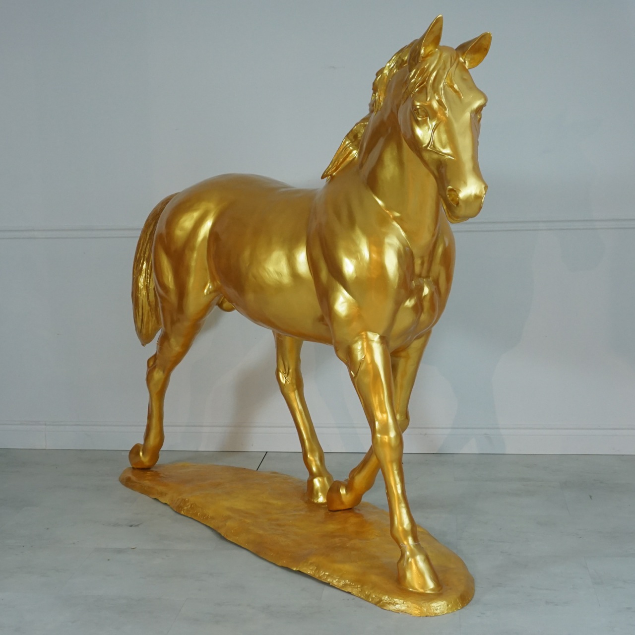 Life Size Walking Horse Statue in Gold Finish IronGate Garden Elements